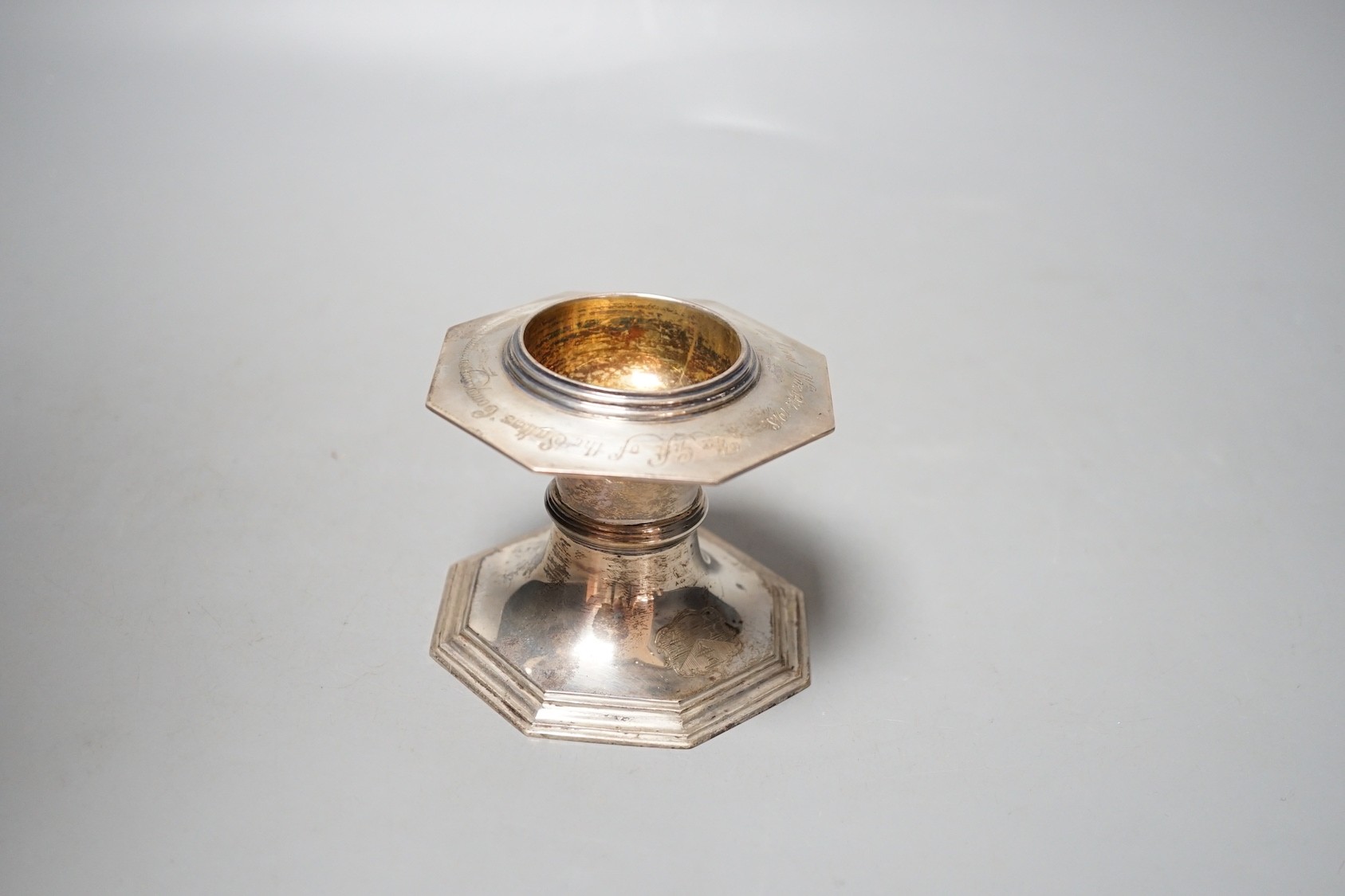 A George V miniature silver presentation font, inscribrd 'The Gift of the Salter's Company Commemorating the Victory of The Allies in The Great War 1914-1918, D&J Welby, London, 1919, 76mm, 7.5oz.